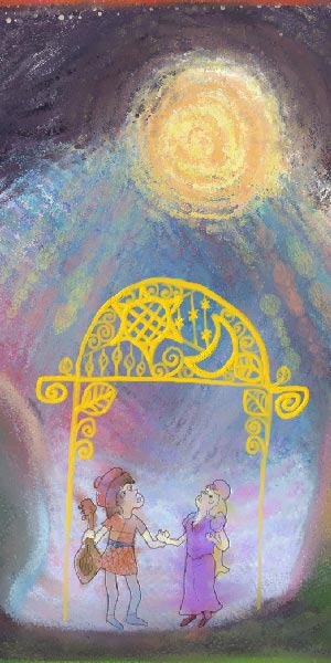 A painting of two people holding hands beneath a golden trellis. One of them is holding a stringed instrument, the other is dressed as royalty. They are both looking upward at the sun which is casting daylight across a dark purple sky.