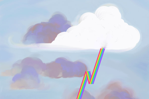 A painting of a fluffy white cloud in front of a background of storm clouds, shooting out multicolored lightning.